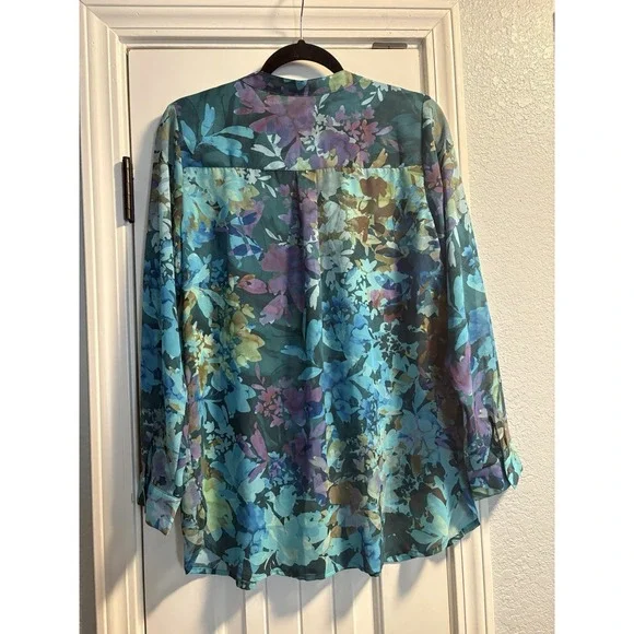 Soft Surroundings Floral Blouse Womens Medium Teal Boho Button Front Tunic Top - Picture 6 of 6